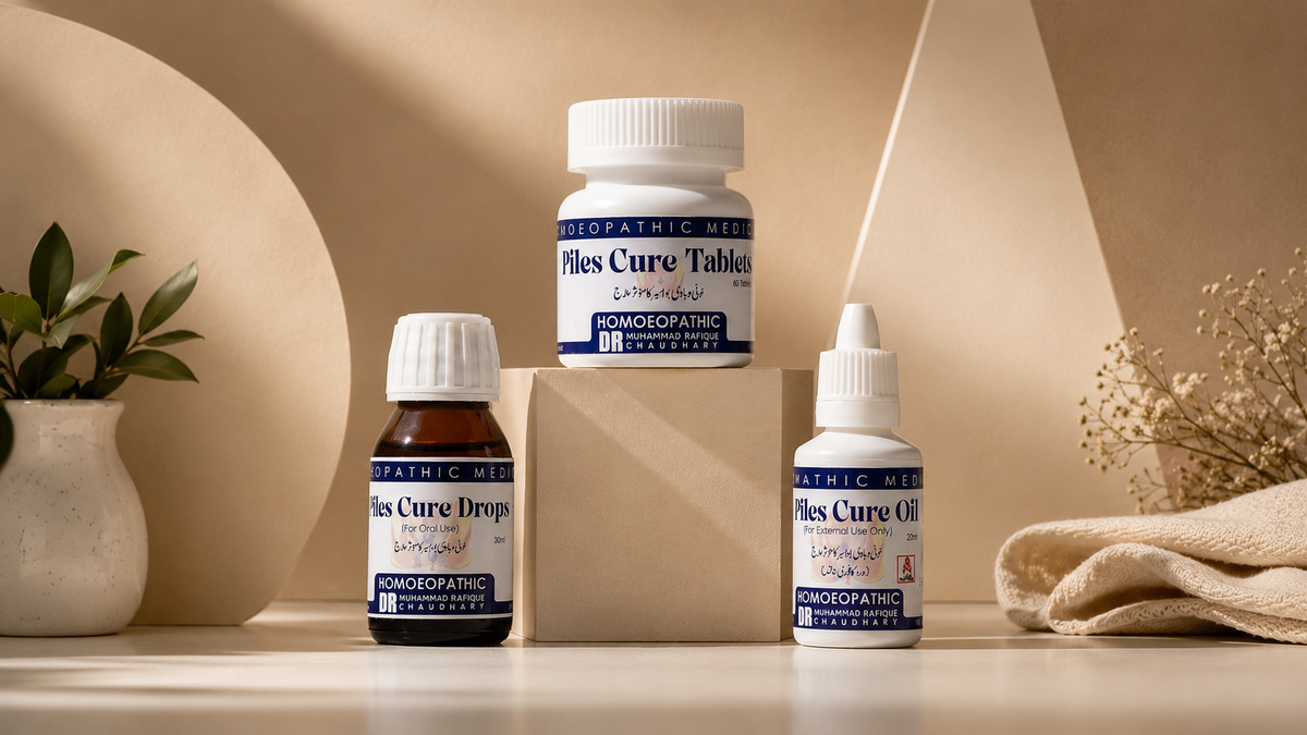 Piles Cure Course three-part homoeopathic product set by Dr Muhammad Rafique