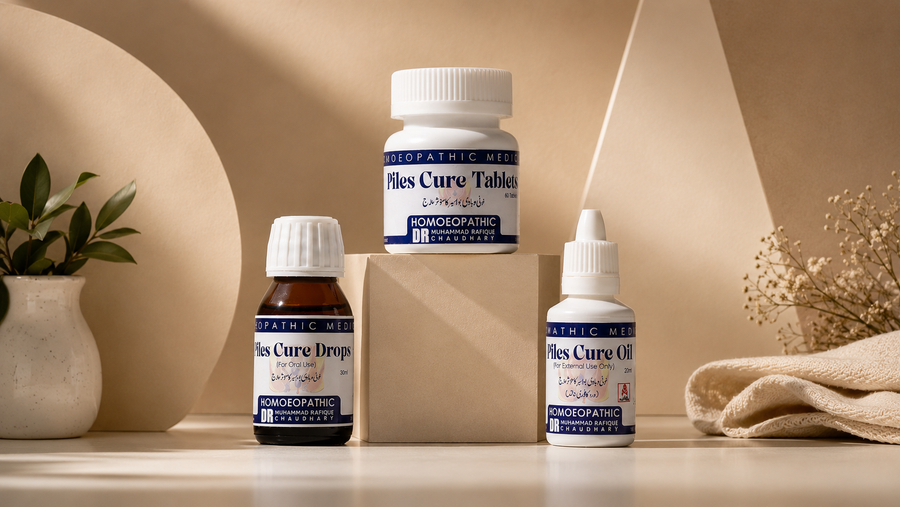 Piles Cure Course three-part homoeopathic product set by Dr Muhammad Rafique